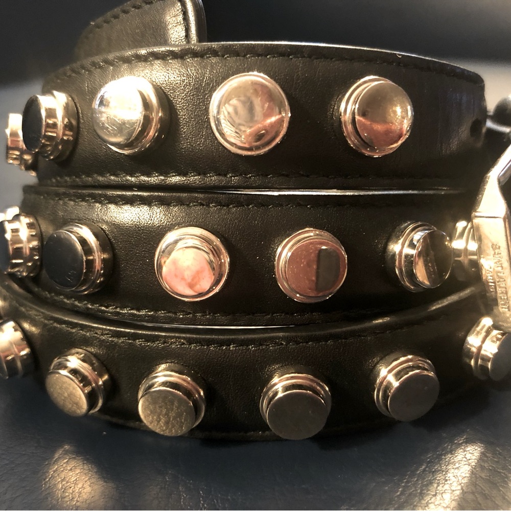 SAINT LAURENT MEN’S CLOUS MONET BLACK LEATHER BELT SILVER STUDS XL SZ 95 - Picture 4 of 14